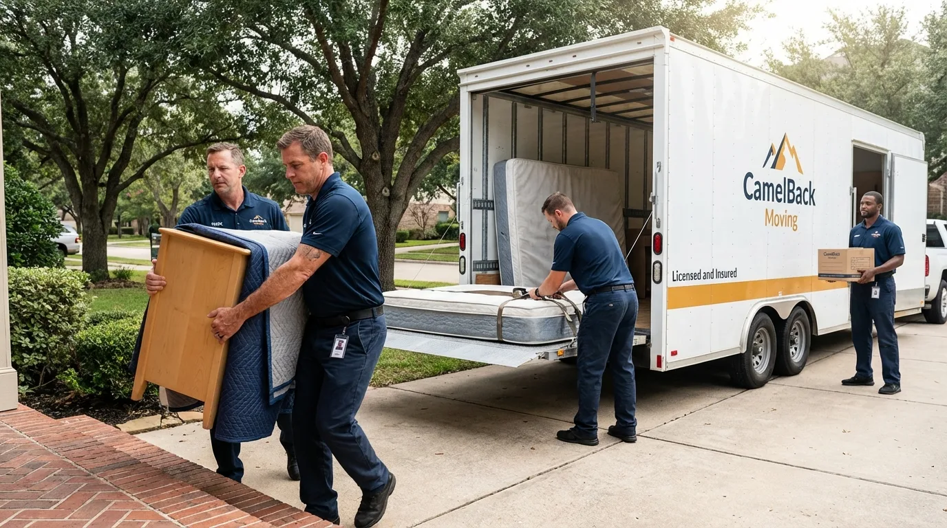 Crew loading residential truck for cross-state move from Hurley, WI