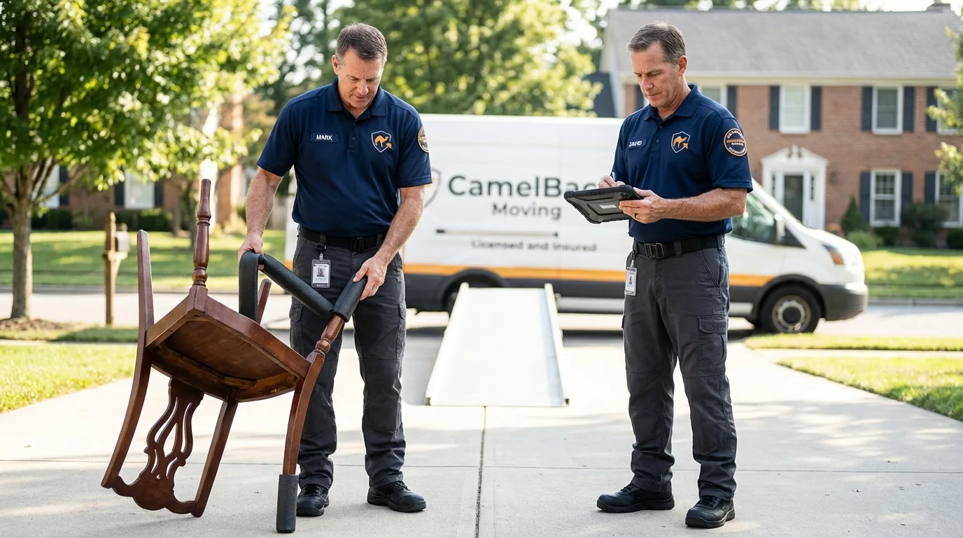 Movers inspecting furniture for damage prevention before loading in Hurley, WI