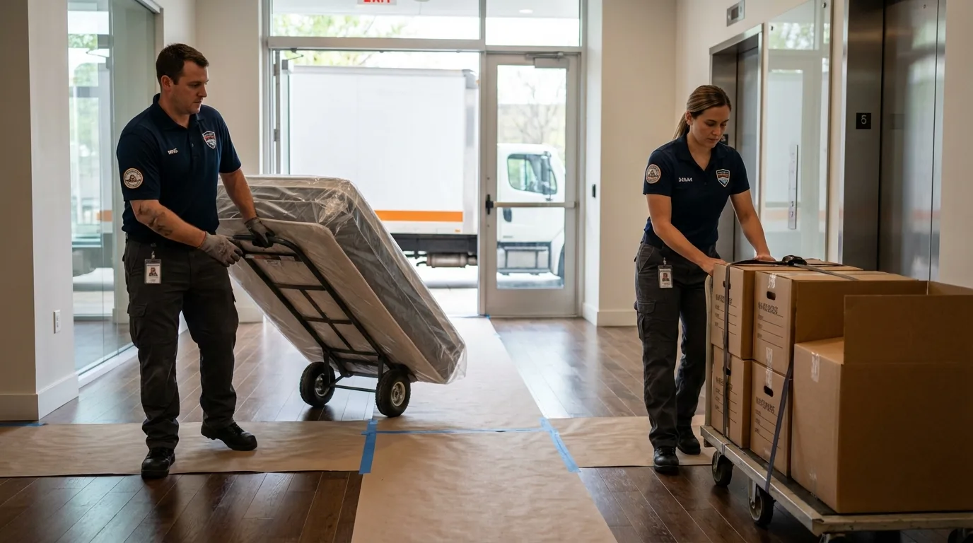 Professional apartment movers loading elevator in Hurley, WI