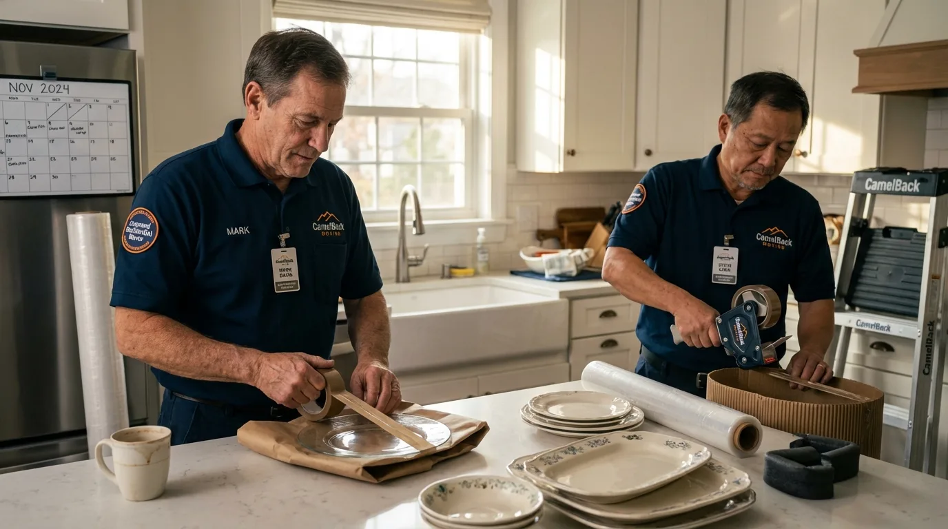Professional crew packing kitchen dishware in Hurley, WI